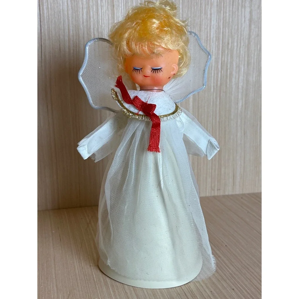 Vintage Blonde Angel Christmas Tree Topper White Mesh Gown Red Ribbon Bow MCM